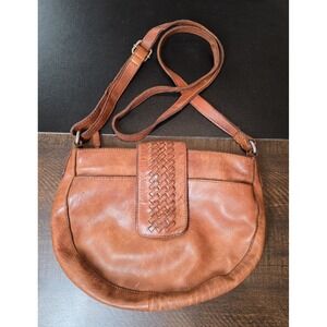Vilenca Holland Cognac Brown Leather Crossbody Boho Bag Woven Flap Half Moon